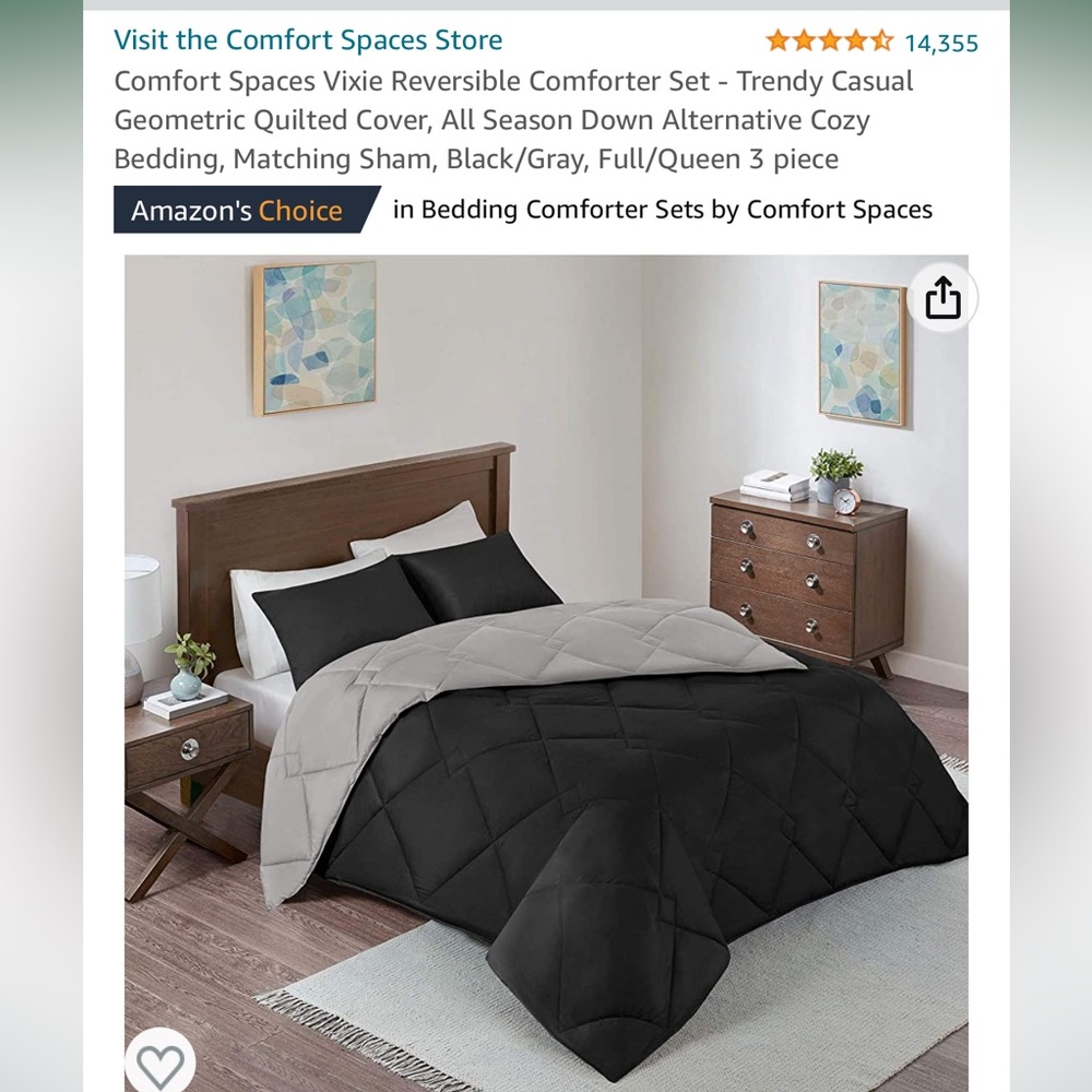 Queen/full 3pcs comforter set in black/grey